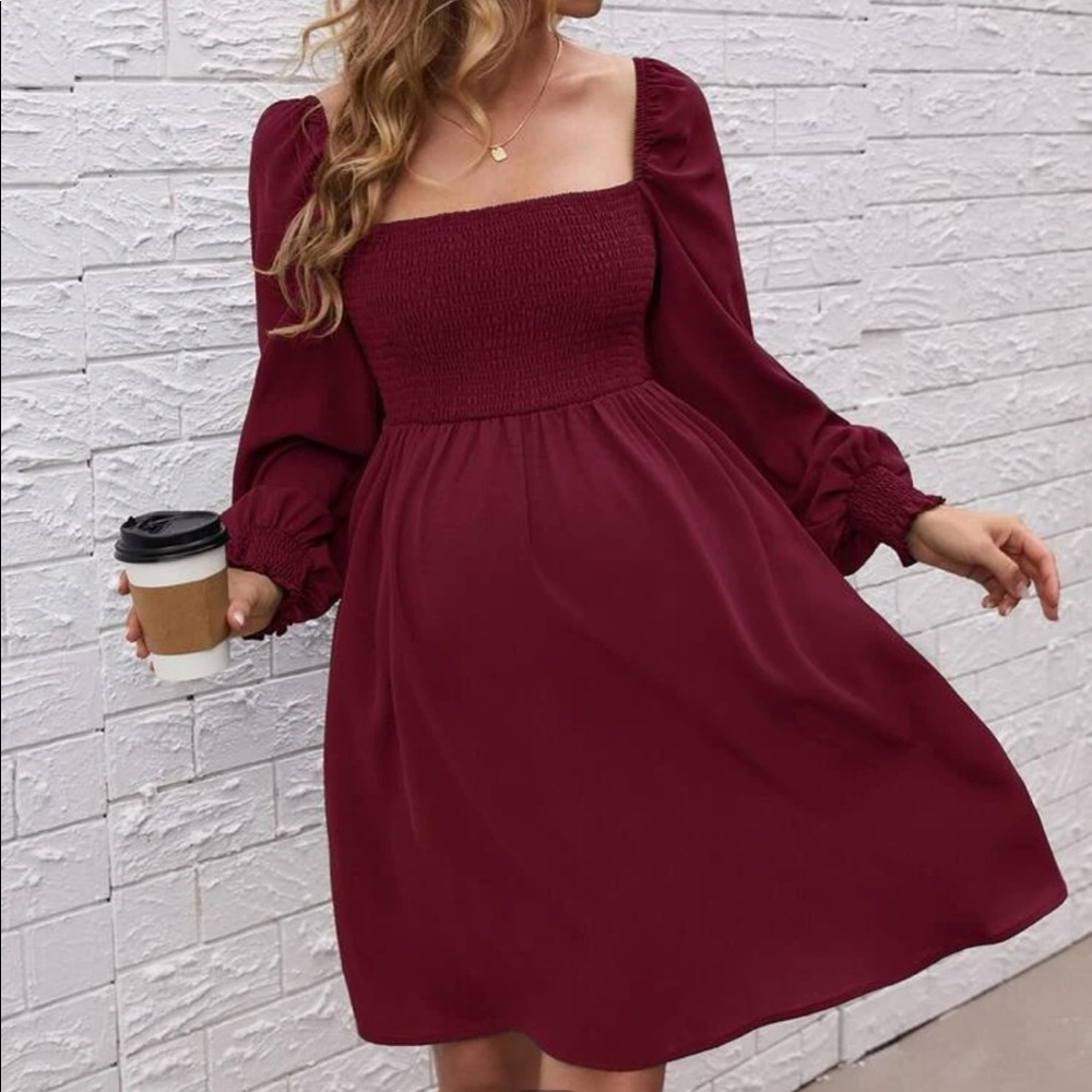 Burgundy square neck long sleeve dress